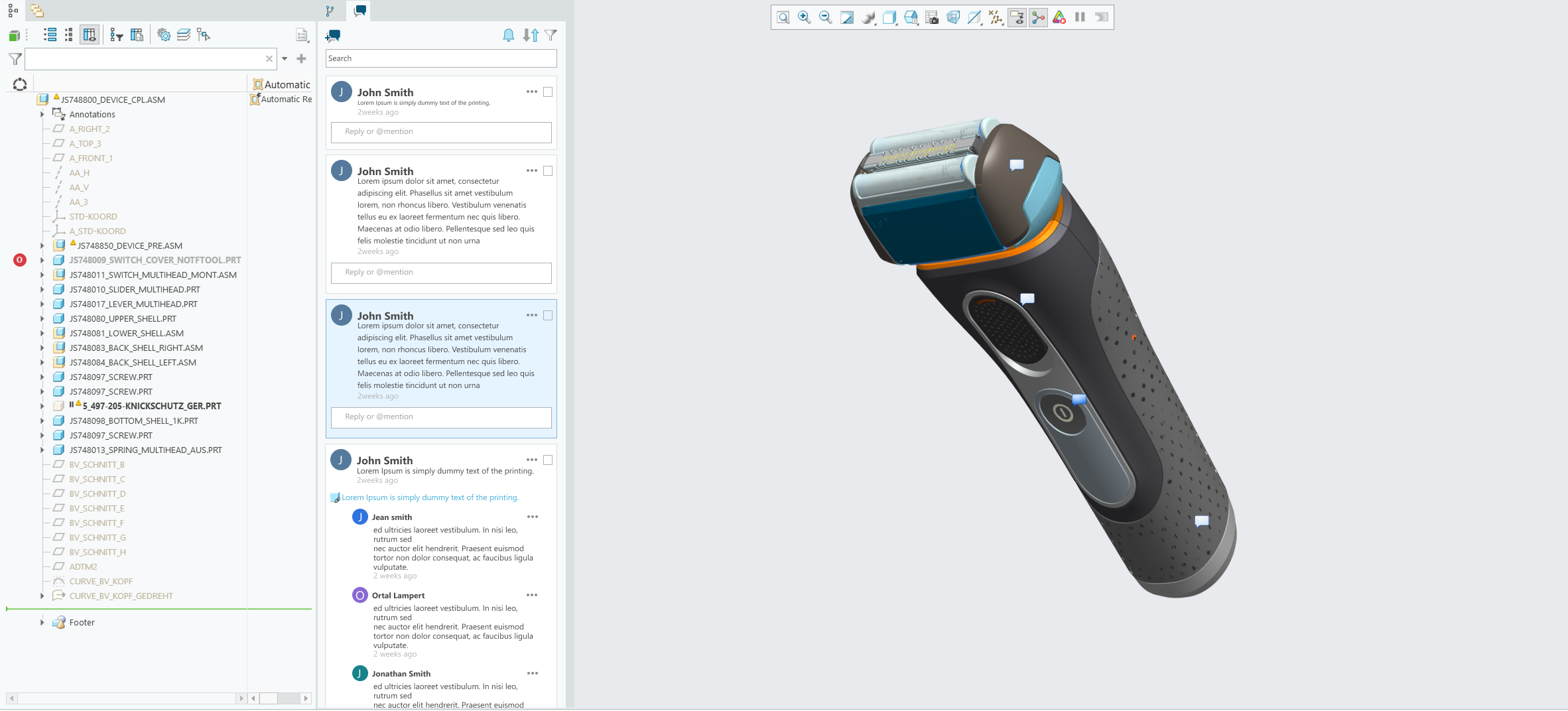 Creo+ history graph, showing a branching timeline of model versions alongside the 3D chair assembly